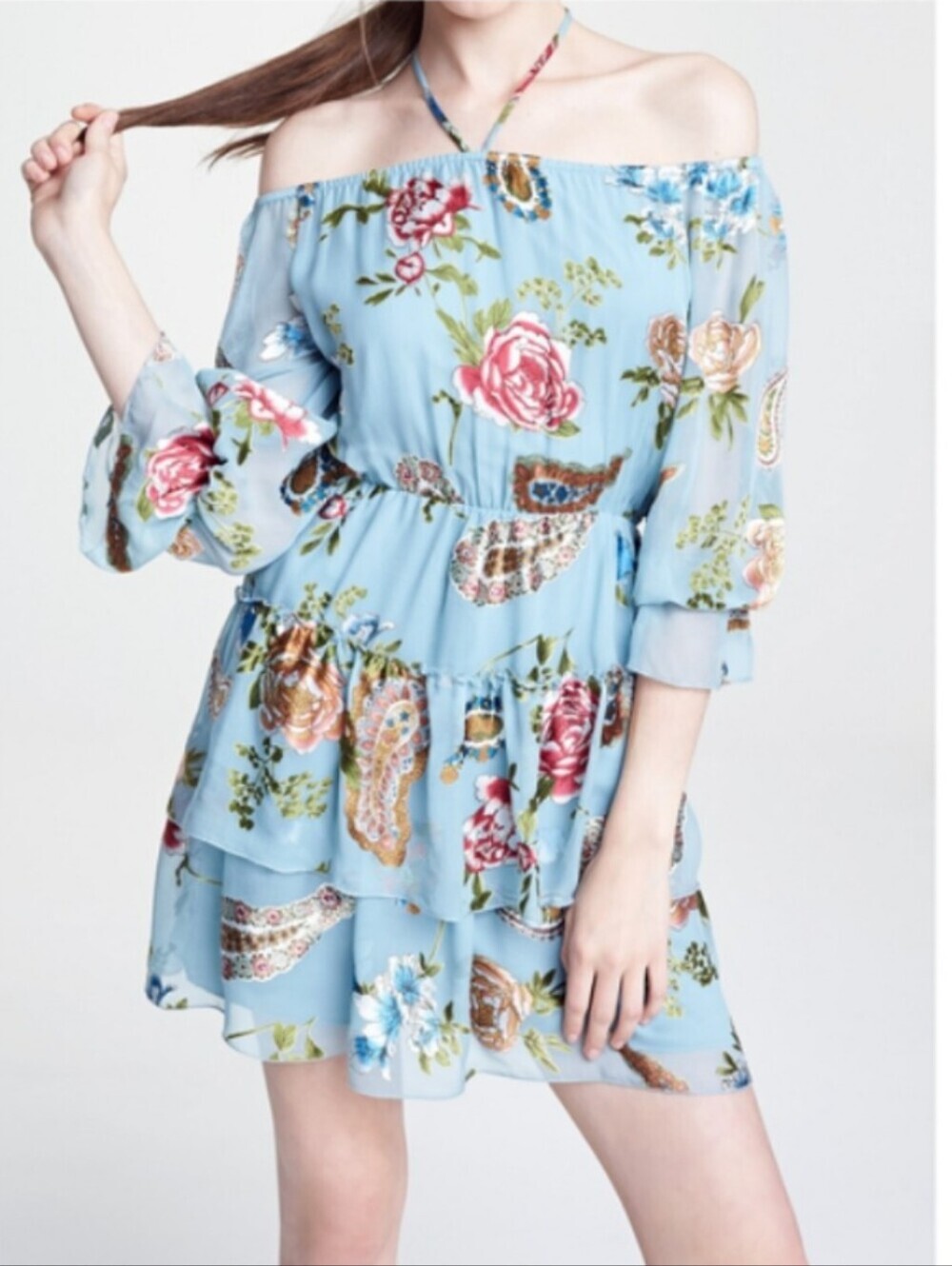 Alice And Olivia Light Blue Burnout Floral Off-Shoulder Mini Dress